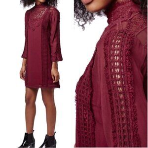 TOPSHOP Victorian Burgandy Lace Shift dress Sz 4 NWT